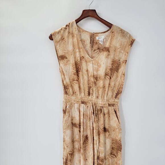 Japna Womens Joggger Jumpsuit M Brown Tie Dye‎ V Neck Boho Keyhole Smocked Waist - Picture 1 of 14